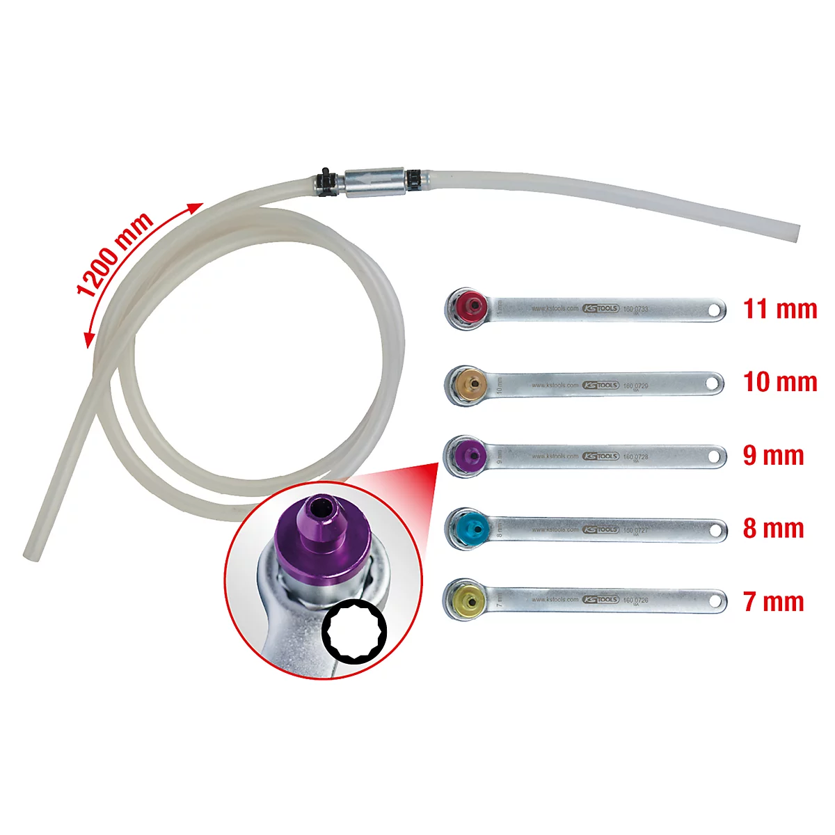 Ein Set zur Entlüftung von Bremsen, bestehend aus Schlauch, Metallverbindungen und verschiedenfarbigen Schlüsseln mit Größenangaben.